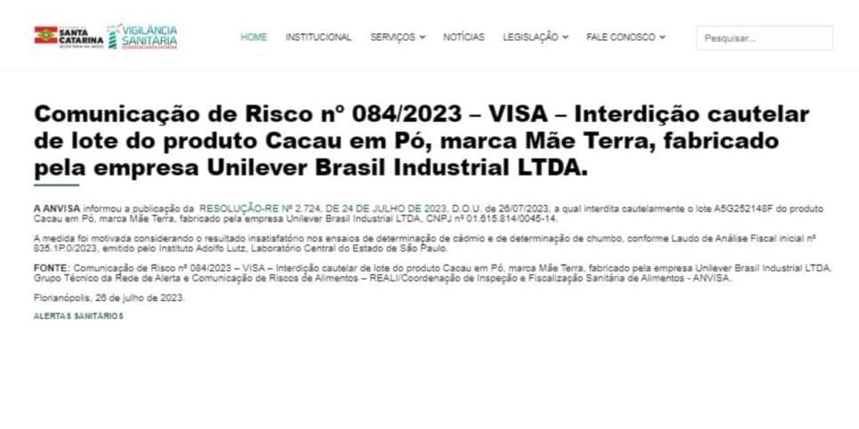 Proibição da ANVISA contra o Cacau da marca Mãe Terra (Foto Reprodução/Vigilância Sanitária)