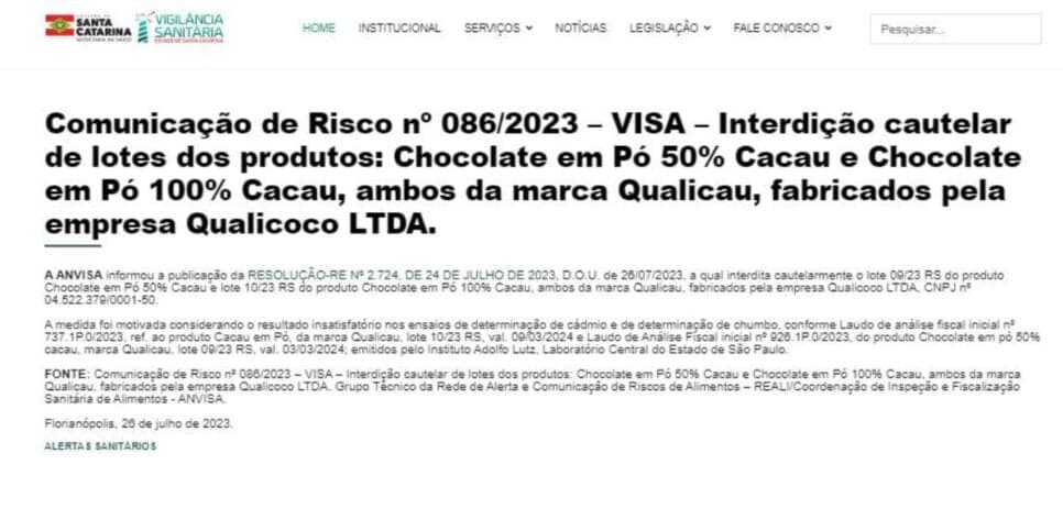 Proibição da ANVISA contra a Qualicau (Foto Reprodução/Vigilância Sanitária)