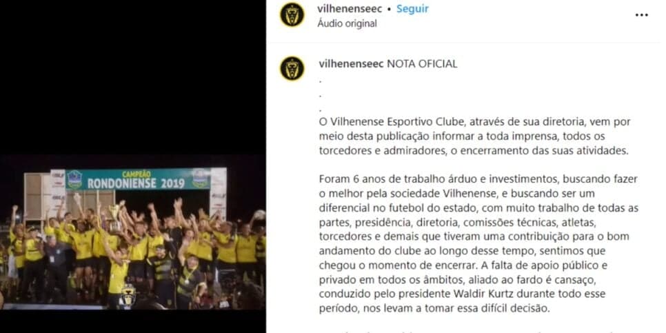  Vilhenense anunciou encerramento do time no mundo futebolístico - (Foto: Reprodução / Internet)