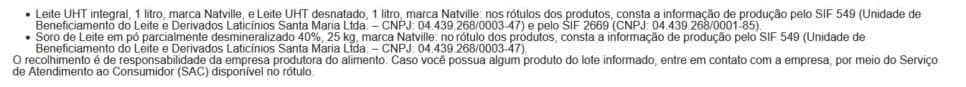 Informações de fabricação da marca de leite (Foto: Reprodução / Vigilância Sanitária)
