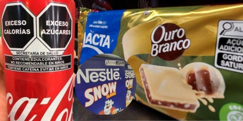 Marcas como a Coca, Nestlé e Lacta  já se adequaram às novas regras de rotulagens da ANVISA (Foto Reprodução/Montagem/Lennita/Tv Foco/G1)
