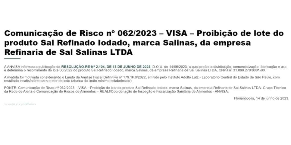 Proibição da ANVISA contra marca Salinas (Foto Reprodução/Vigilância Sanitária)