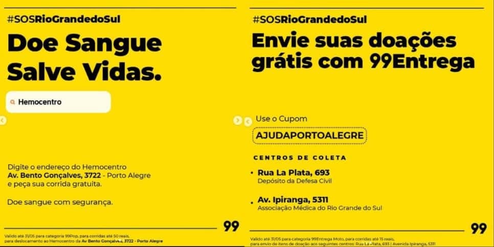 99 divulga medidas que está tomando para ajudar a população do RS (Foto Reprodução/Montagem/Lennita/Instagram)