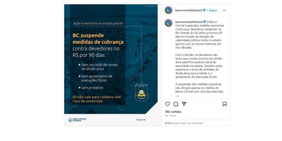 Comunicado do Banco Central sobre dívidas (Foto: Reprodução / Instagram)