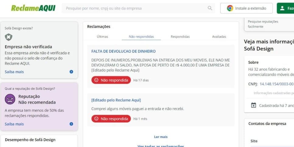 Algumas reclamações recentes contra o Sofá Design (Foto Reprodução/Reclame AQUI)