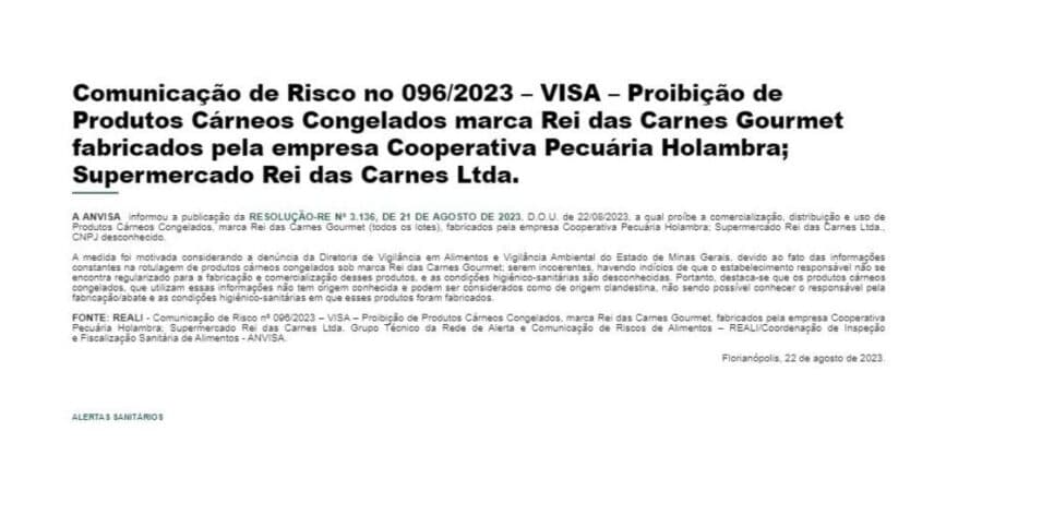 Decreto  da ANVISA contra o Rei das Carnes Gourmet  (Foto Reprodução/Vigilância Sanitária)