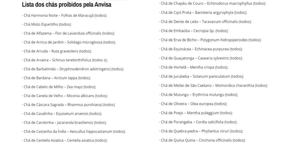 Lista de chás que tiveram problemas identificados (Reprodução: Internet)