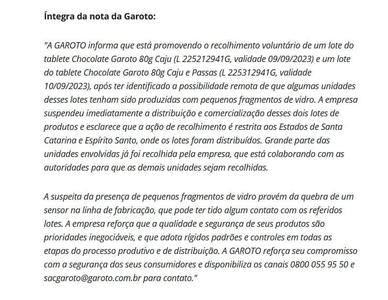 Nota oficial da Garoto (Foto: Reprodução / G1)

