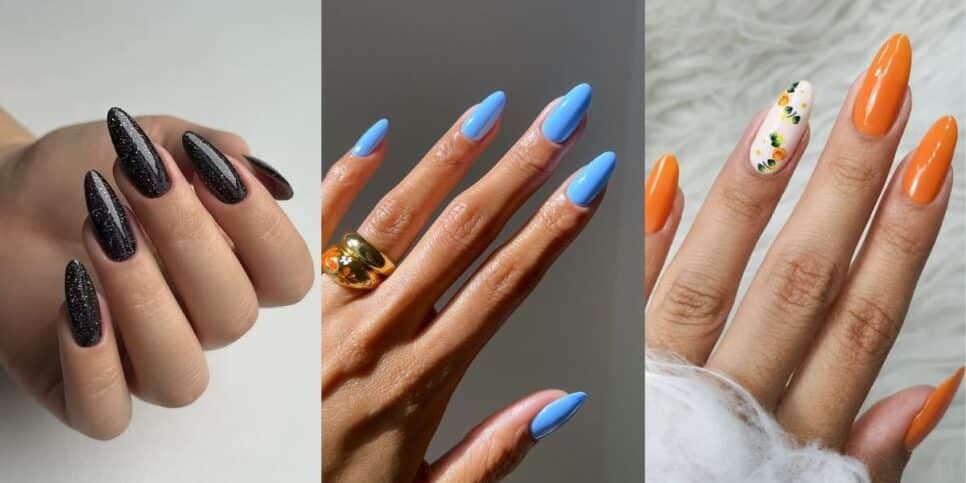 Esmalte preto, azul e laranja (Reprodução/Pinterest) Esmalte preto, azul e laranja (Reprodução/Pinterest)