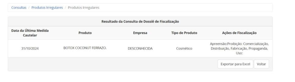 A BOTOX Coconut permanece como irregular na ANVISA (Foto Reprodução/ANVISA)