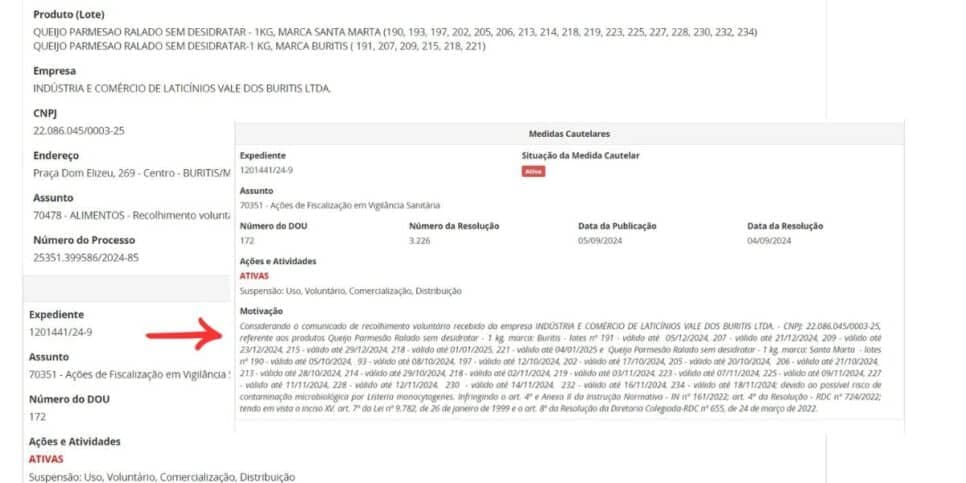 Boletim da ANVISA contra os lotes da marca de queijo (Foto Reprodução/Montagem/TV Foco/Canva/Lennita/ANVISA)