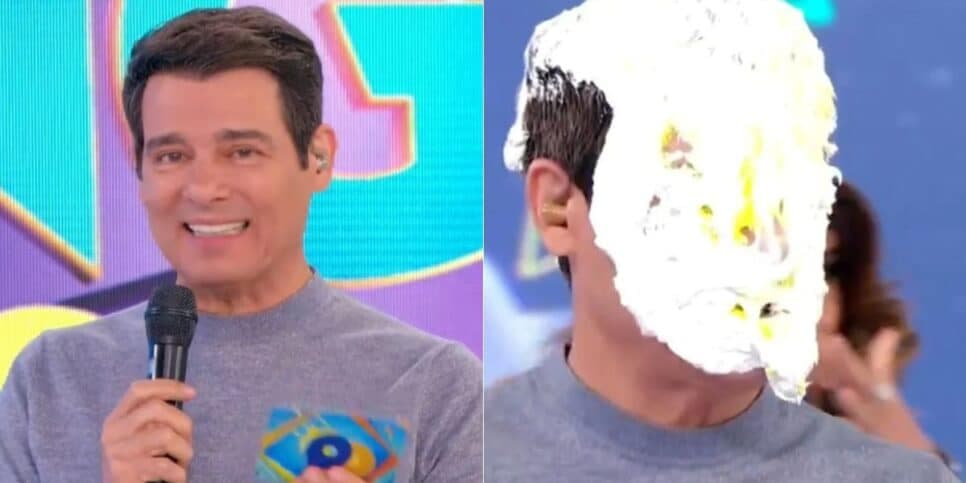 Celso Portiolli leva tortada ao vivo e se choca: 'Está com ódio de mim?'