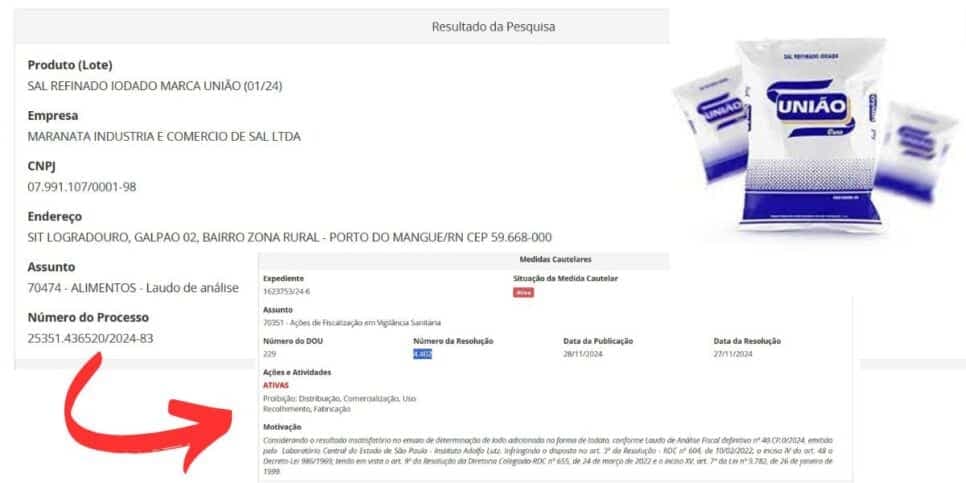 Resolução da ANVISA contra o sal refinado iodado da marca União- Maratana (Foto Reprodução/Montagem/Lennita/TV Foco/ANVISA) Resolução da ANVISA contra o sal refinado iodado da marca União- Maratana (Foto Reprodução/Montagem/Lennita/TV Foco/ANVISA)