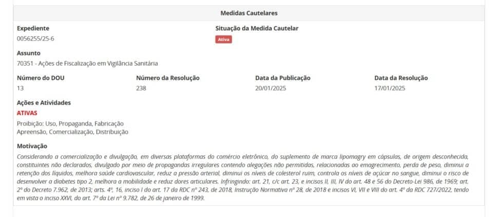 Resolução da ANVISA contra a Lipomagry, em janeiro de 2025, pt 1 (Foto Reprodução/ANVISA)