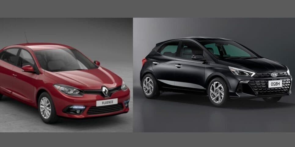 Renault Fluence e HB20 da Hyundai (Foto Reprodução/Montagem/Tv Foco/Canva) Renault Fluence e HB20 da Hyundai (Foto Reprodução/Montagem/Tv Foco/Canva)