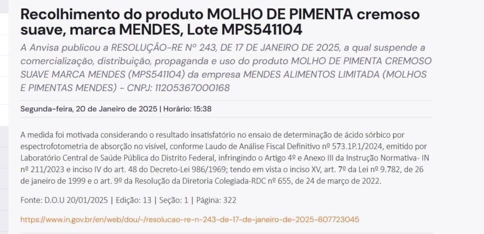Resolução da ANVISA contra a marca de pimenta (Foto Reprodução/ANVISA)