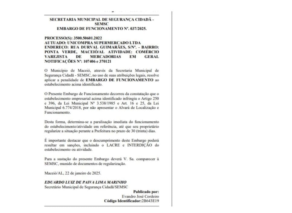 Documento da interdição da unidade do Unicompra, em Maceió (Foto Reprodução/DOU)
