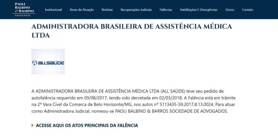Anúncio sobre a falência da ALL Saúde no site oficial dos advogados representantes (Foto Reprodução/Paolli)