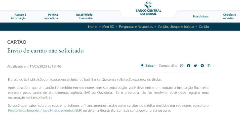 Anúncio do BC sobre cartões de crédito emitidos sem consentimento (Foto Reprodução/site oficial BC)