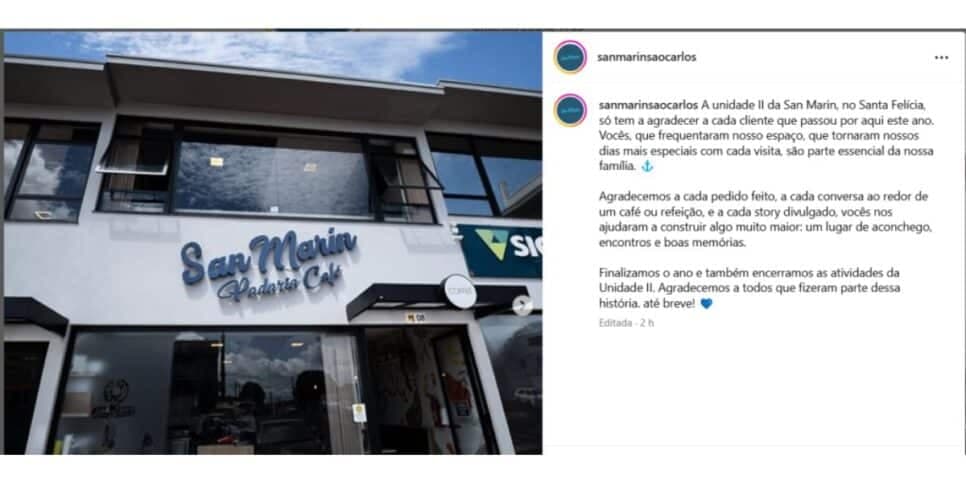 Comunicado Padaria San Marin (Foto: Reprodução / Instagram)