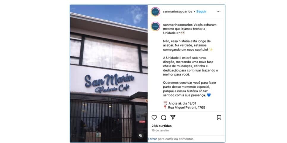 Anúncio. Padaria San Marin (Foto: Reprodução / Instagram)