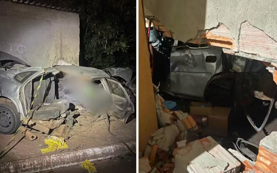 Carro fica partido ao meio após capotar e colidir contra o muro de uma casa, em Goiânia — Foto: Divulgação/Polícia Civil

