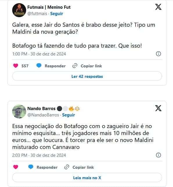Repercussão da torcida do Botafogo e do Santos (Foto: Reprodução / X)

