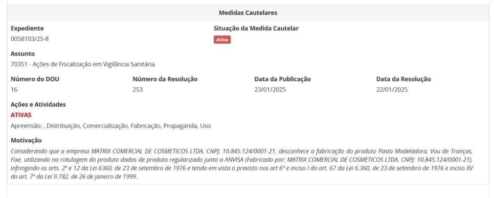Resolução da ANVISA contra falsificação da Pasta modeladora: Vou de tranças Fixe PARTE 2 (Foto Reprodução/ANVISA)