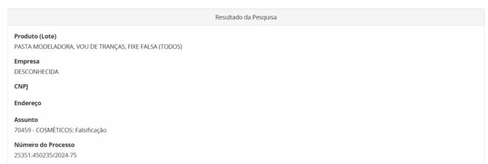 Resolução da ANVISA contra falsificação da Pasta modeladora: Vou de tranças Fixe PARTE 1 (Foto Reprodução/ANVISA)