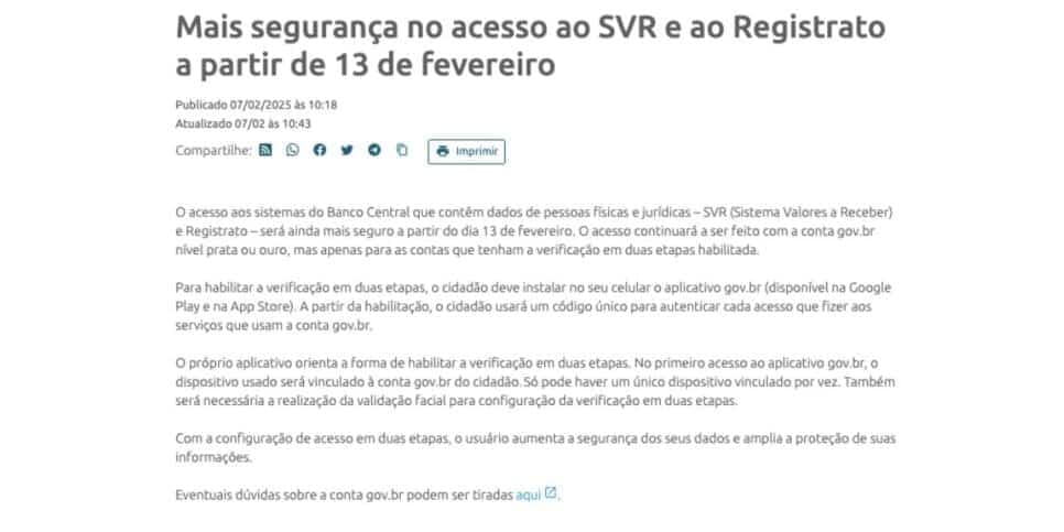 Comunicado do Banco Central (Foto:  Reprodução / site BC)