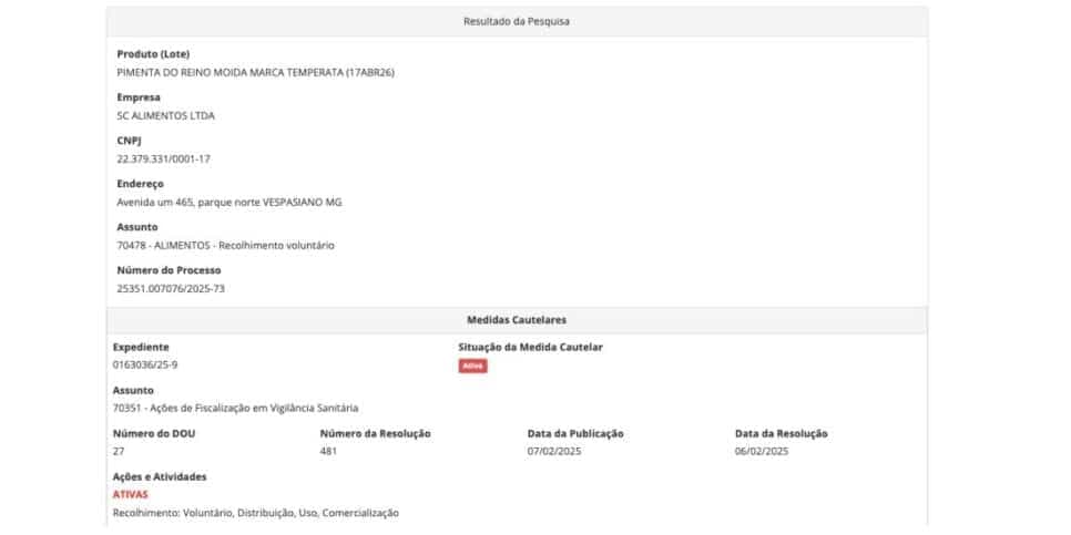 Comunicado da Anvisa (Foto: Reprodução / Site oficial)