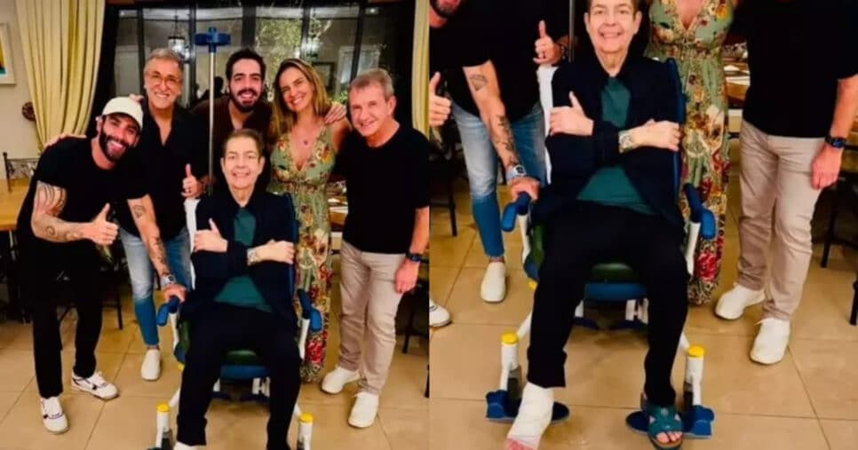 O famoso ex-apresentador da Globo ao lado de sua esposa, filho, Gusttavo Lima e  o empresário Dody Sirena (Foto: Reprodução/Montagem TV Foco)