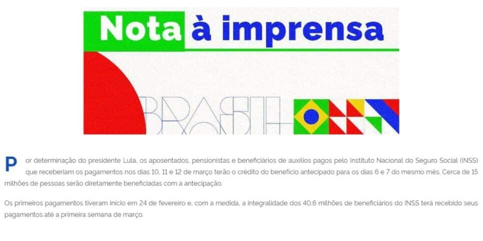 Comunicado do INSS confirmando a antecipação (Reprodução: Governo)