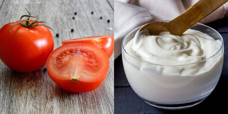 Tomate e iogurte natural fazem bem para pele (Reprodução: Montagem TV Foco)