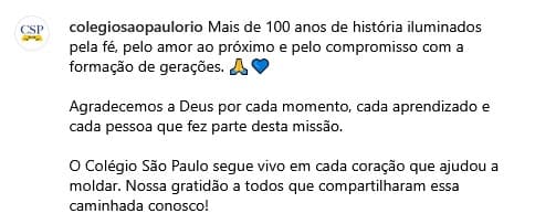 13 de dezembro de 2024 foi a última publicação do colégio nas redes sociais (Foto: Reprodução / Instagram)