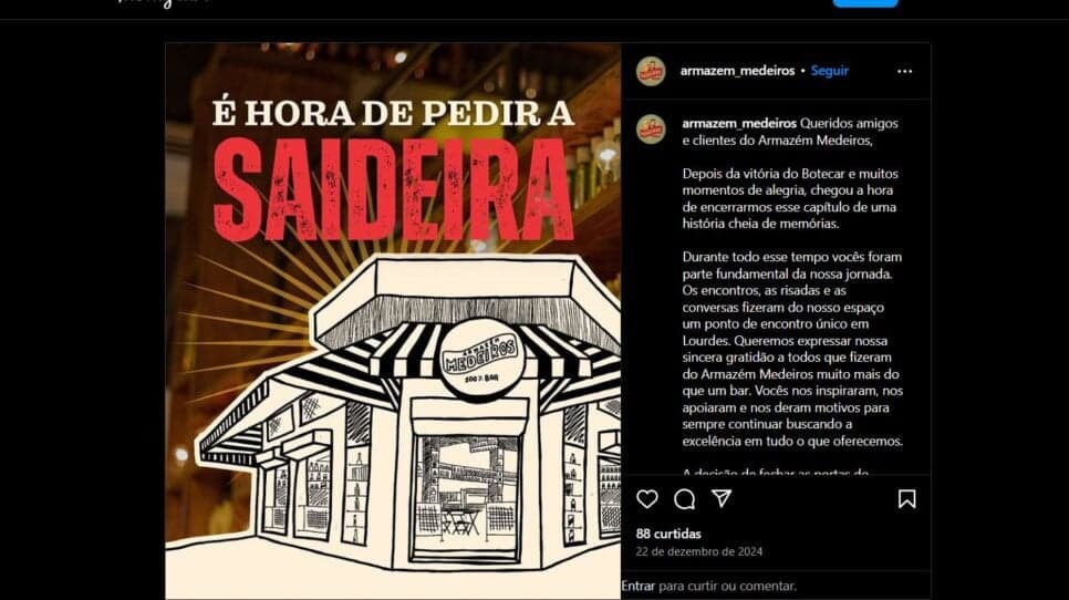 Mensagem de adeus do Armazém Medeiros (Foto Reprodução/Instagram) Mensagem de adeus do Armazém Medeiros (Foto Reprodução/Instagram)