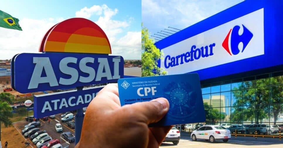 Assaí, homem segurando CPF e Carrefour (Fotos: Reproduções / Internet / Canva)