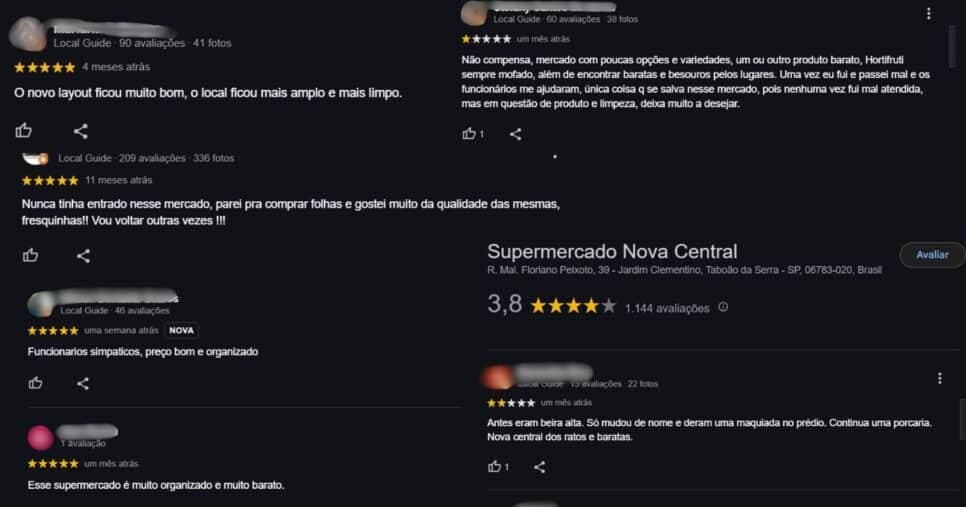 Avaliações positivas e negativas sobre o supermercado atualmente (Foto Reprodução/Montagem/Tv Foco/Maps)