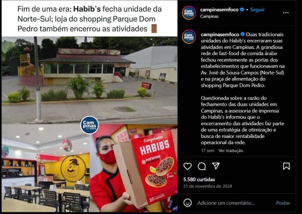 Notícia do encerramento pelo Campinas em Foco (Foto Reprodução/Instagram)