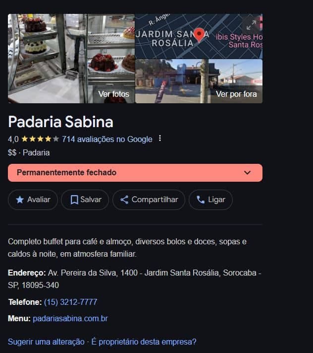 Padaria Sabina nas pesquisas do Google (Foto Reprodução/Maps) Padaria Sabina nas pesquisas do Google (Foto Reprodução/Maps)
