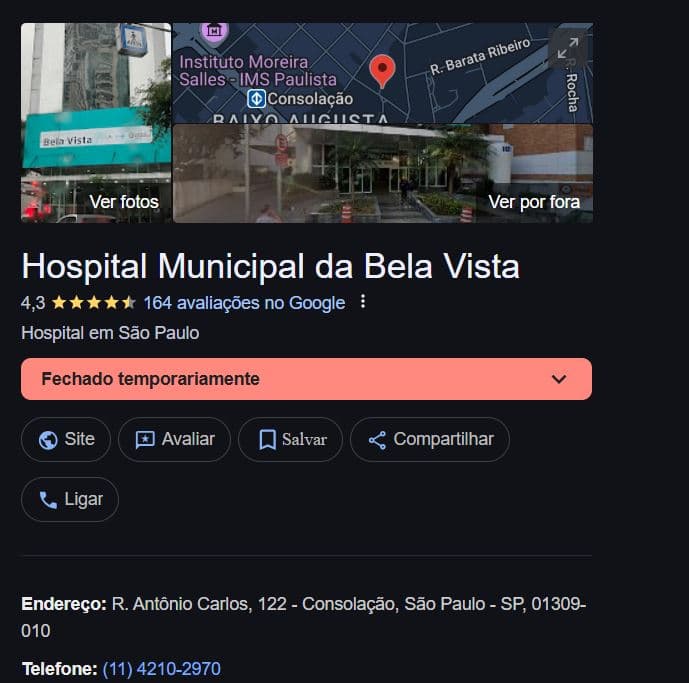 Status do Hospital Bela Vista no Google (Foto Reprodução/Maps)