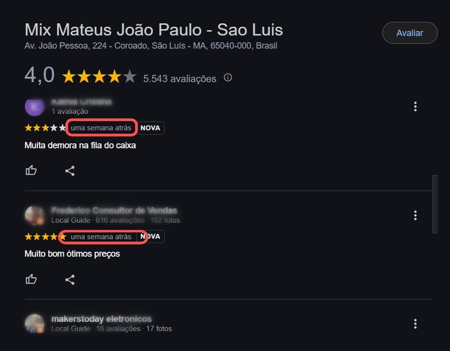 Avaliações recentes da rede também aparecem (Foto Reprodução/Maps)