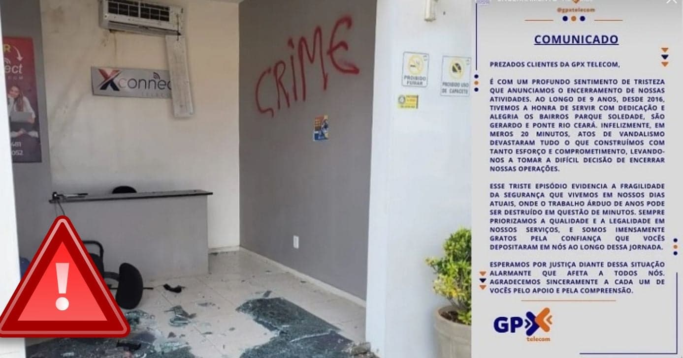 Comunicado da GPX Telecon e empresa vandalizada (Foto Reprodução/Montagem/Minha Operadora)