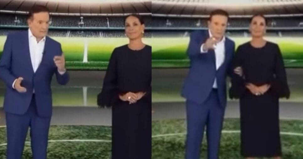 Roberto Cabrini e  Carolina Ferraz  no Domingão Espetacular da Record (Foto: Reprodução/Montagem TV Foco)