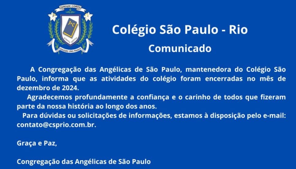 Comunicado oficial do colégio (Foto: Reprodução / Site Colégio São Paulo)

