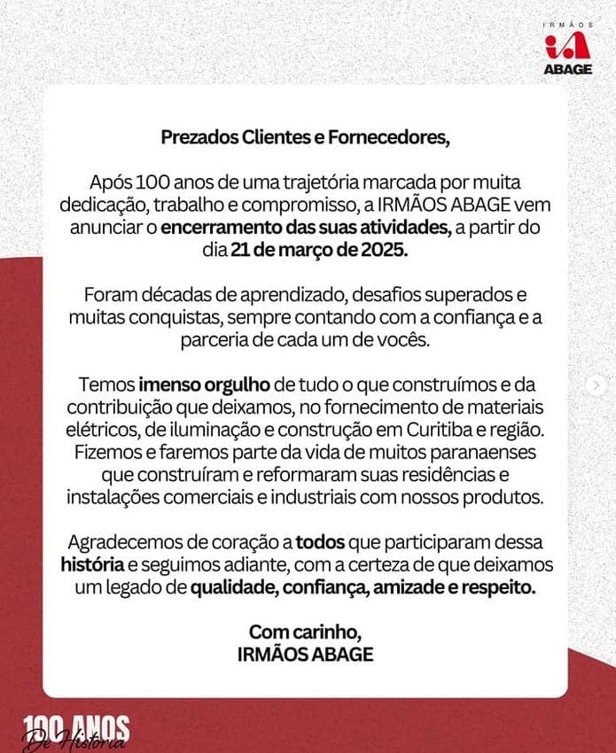 Comunicado oficial do Grupo Irmãos Abage (Foto: Reprodução / Instagram)

