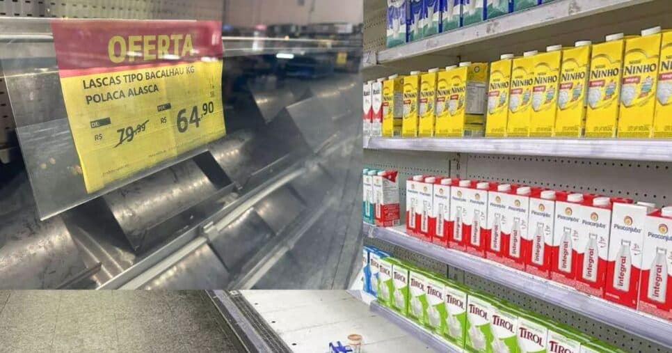 Sessão de carnes completamente vazia e prateleiras de leites quase esgotada (Foto Reprodução/ (Foto: Marcos Maluf/Campo Grande News)