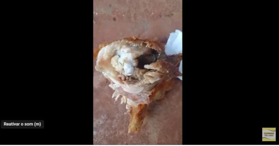 Mais larvas entre as carnes do frango (Foto Reprodução/YouTube/Correio do Lago)