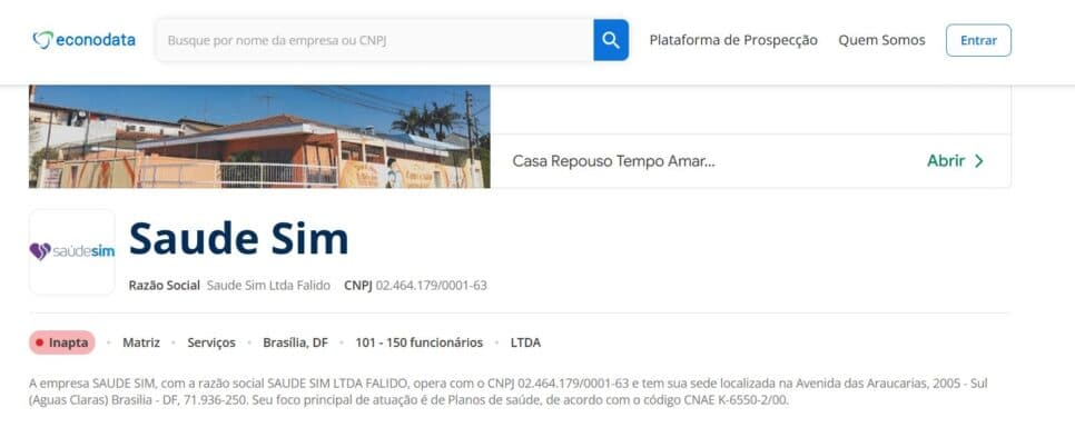 Status da empresa na Econodata (Foto Reprodução/Econodata) Status da empresa na Econodata (Foto Reprodução/Econodata)