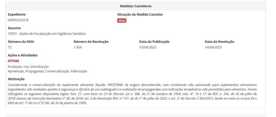 Proibição da ANVISA contra a PROSTNAR pt 1 (Foto Reprodução/ANVISA)